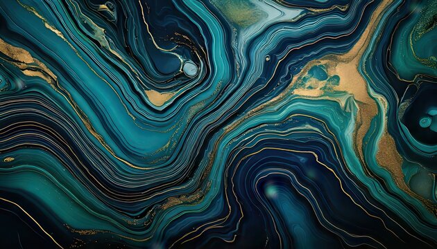 Textura abstracta de m&aacute;rmol con remolinos de color turquesa, azul marino y vetas doradas elegantes para fondos de dise&ntilde;o art&iacute;stico y moderno.