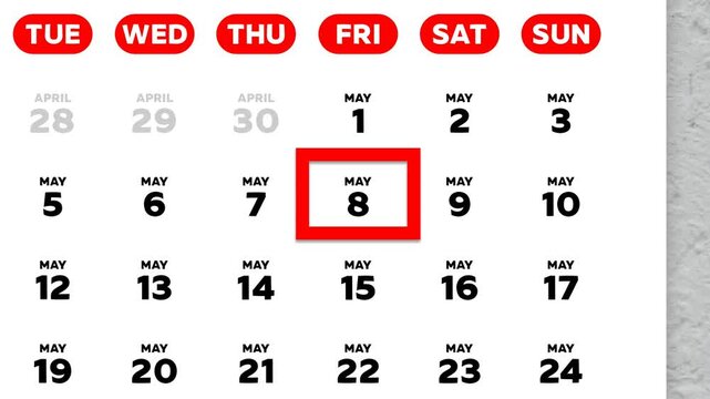 The date May 8th marked with a red cursor on the wall calendar 2026