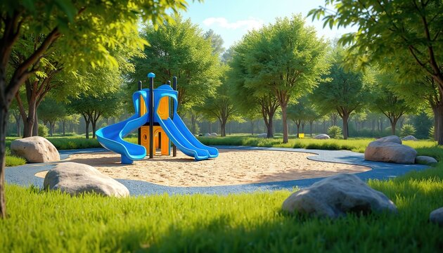 Sunny playground with blue slide and sandpit surrounded by rich green trees and grass. Outdoor park area with rocks and pathways offers safe kids recreation space. Bright day promotes active fun.