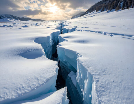 Dramatic Ice Crack in Arctic Landscape at Sunset.