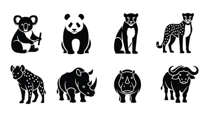 A collection of eight african and australian animal silhouettes including a koala panda cheetah and rhino silhouette high quality professional detailed © SILHUETTECHEMBER