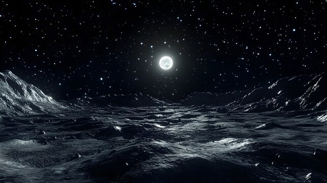 Alien moon landscape under a starry night sky Keywords: moon, landscape, alien, planet, surface