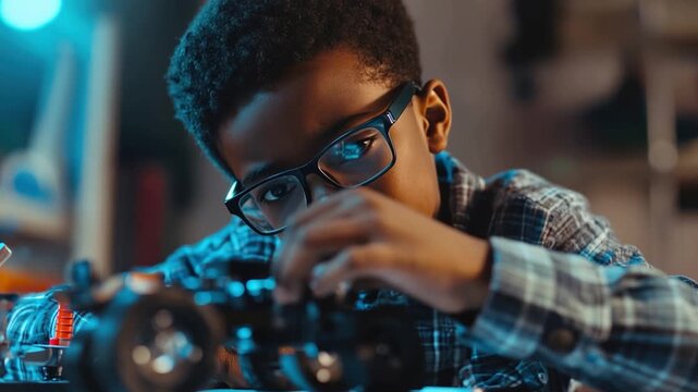 Young Maker's Ingenuity: A focused young maker, wearing glasses, meticulously assembles a mechanical project in a workshop, symbolizing innovation and learning. 
