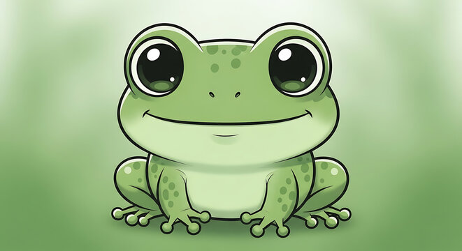 Smiling green cartoon frog character sitting.