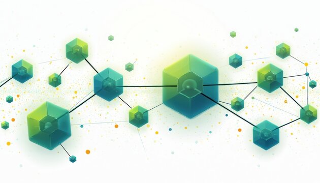 Abstract network of green blue hexagons and spheres linked by lines. Connected dots and particles create a digital web symbolizing data flow and complex systems.