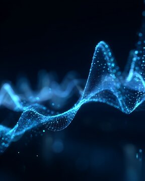 future stock market concept, abstract financial data waves and light graphs, luminous blue particles across flowing wireframe curves