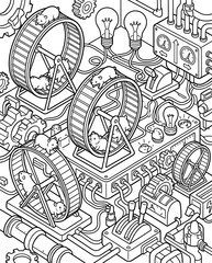 Naklejka premium isometric find the difference worksheet for kids Innovative Energy Concept with Hamsters Running in Wheels Generating Power in a Mechanical Maze Illustration fun observation game for early learning