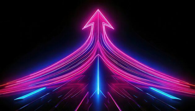 Flecha de ne&oacute;n rosa y azul apuntando hacia arriba que simboliza el crecimiento empresarial, el &eacute;xito financiero y la innovaci&oacute;n tecnol&oacute;gica futura.