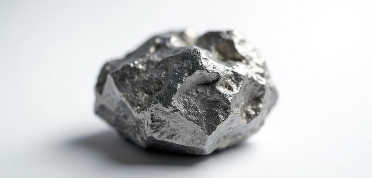Close-up metallic piece, a lump of rare earth element, possibly erbium. Unrefined ore chunk shows rough texture, greyish silver sheen. Useful for science, industry, metallurgy themes.