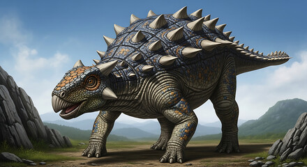 Fototapeta premium A large spiky dinosaur standing on a rocky terrain.