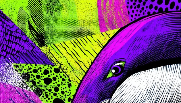 Composici&oacute;n art&iacute;stica de estilo pop art con texturas de semitono, colores intensos como morado y verde ne&oacute;n, destacando un ojo estilizado.