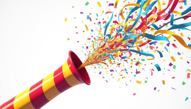 Party horn shoots out colorful confetti streamers. Festive celebration explosion adds surprise and joy. Fun noisemaker for events and greetings.