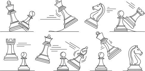 Line Art Illustration of Chess Pieces in Motion for Strategy, Game, and Sports Concepts © MstRoysha