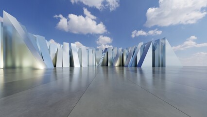 Abstract Glass or metallic architecture background, Geometric buildings are on empty concrete floor, Scene for presentation, 3D rendering