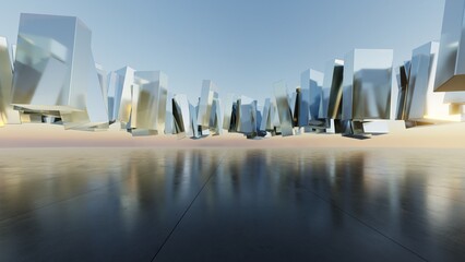 Abstract Glass or metallic architecture background, Geometric buildings are on empty concrete floor, Scene for presentation, 3D rendering