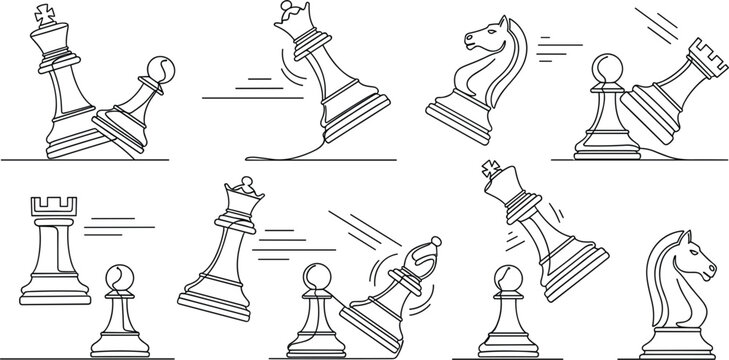 Line Art Illustration of Chess Pieces in Motion for Strategy, Game, and Sports Concepts