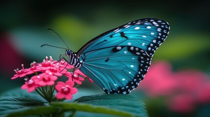 Naklejka premium Vibrant blue butterfly on pink flowers