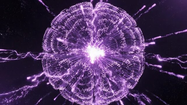 Abstract visualization of a glowing purple sphere emitting energy waves, showcasing dynamic movement and light patterns in a dark cosmic background