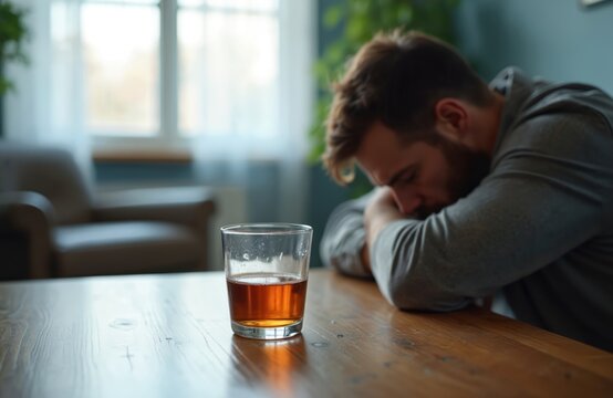 Man leans head on arms at table with glass of whiskey. He looks distressed and sad, contemplating his life. Sadness and despair are evident in his posture and expression.