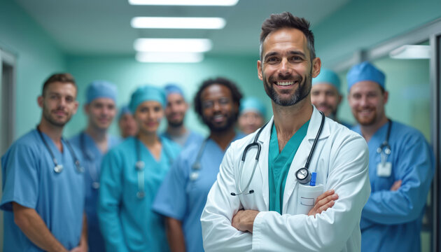 Diverse medical team in hospital corridor. Doctors surgeons wear scrubs and lab coats with stethoscopes. Professionals smile, ready for patient care. Healthcare experts stand together.