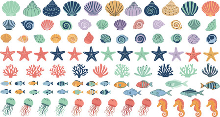 Large ocean elements collection with shells starfish coral fish jellyfish and seahorses colorful marine vector illustration set © Mifta