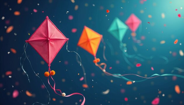 Colorful kites soar in deep blue sky. Confetti falls around diamond shaped kites. Festive celebration with flying objects creates happy mood. Outdoor fun event.