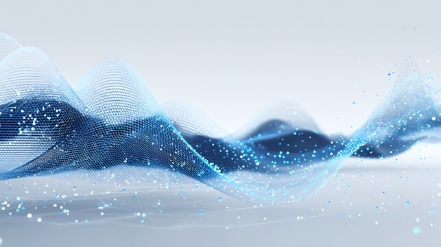 investment analytics concept, dynamic abstract light graphs flowing in wave form, blue luminous particles and sleek curved lines,