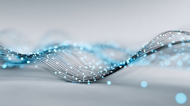 strategy consulting data concept, elegant abstract wave curves with luminous blue micro lights, thin transparent line network