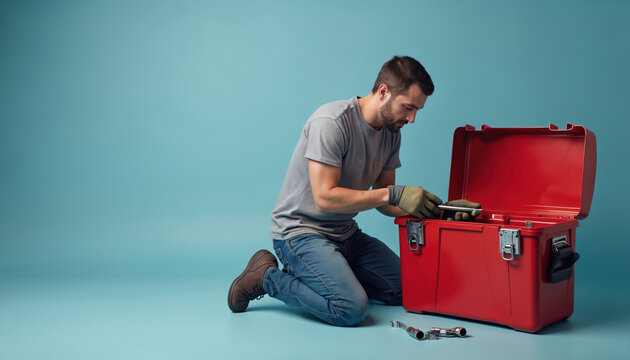 Man kneels by open red toolbox selects tool. Craftsman prepares for work with equipment. Male worker ready for manual labor job. Technician selects wrench for repair.