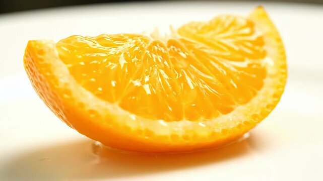 A bright, juicy orange wedge rests on a light surface. The close-up showcases vibrant color, with a slight sheen from the juice