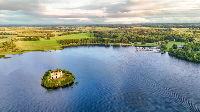 Aerial drone view of McDermotts Castle on small island in Lough Key lake, county Leitrim, Ireland