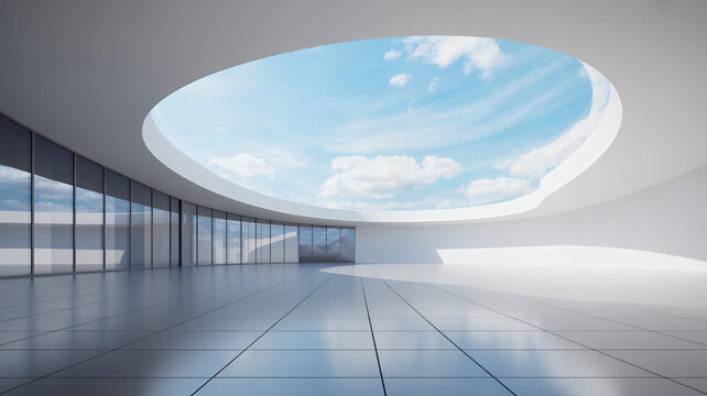 Modern interior with large skylight and blue sky white interior curved ceiling