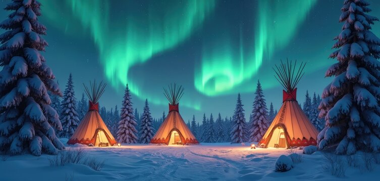Warmly lit teepees sit in a snowy forest clearing under vibrant green aurora borealis. Cone shaped shelters glow from within, surrounded by snow covered pine trees under a starry night sky.