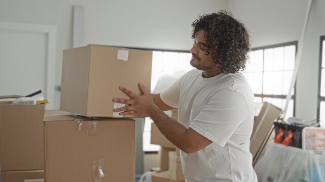 Man arms crossed next to stacked cardboard boxes in building, wearing white tshirt and smiling while unpacking moving items; calm contentment.
