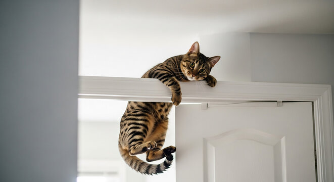 Playful Bengal cat energetically climbs above the door