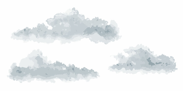 Watercolor illustration depicting three fluffy gray clouds against a white background