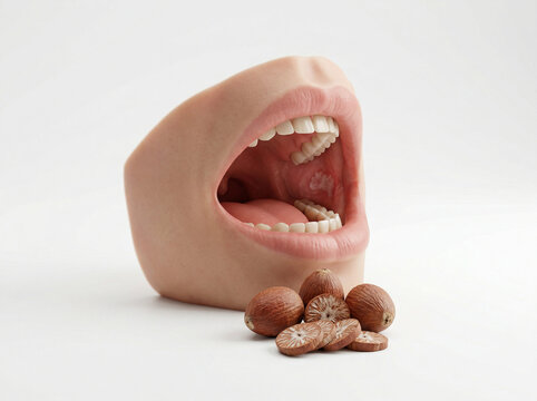 High Risk of Mouth Cancer from Betel Nut Consumption: Detailed Stock Photo of Anatomical Oral Cavity Model with Areca Nuts Demonstrating Oral Cancer Warning Concept