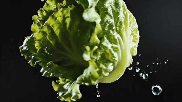 A fresh, dewy head of lettuce is caught in mid-air as water droplets splash