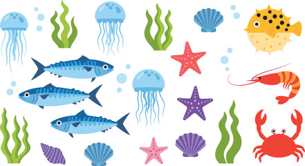 Colorful marine life collection with fish jellyfish crab shrimp starfish seaweed ocean animals cartoon vector illustration set © Mifta