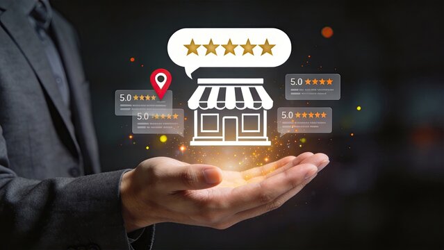 Businessman hand holding glowing hologram of shop store with five star rating review customer feedback reputation management local SEO location pin digital marketing online