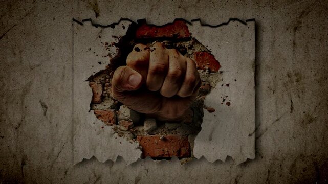 A powerful fist punches through a concrete wall, scattering debris in a dramatic display of strength. Animation