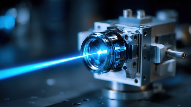 Blue laser beam through precision optics revealing compact optical mount and collimating lens on stainless steel test bench, cool blue illumination, focused coherent light, fine alignment adjustments