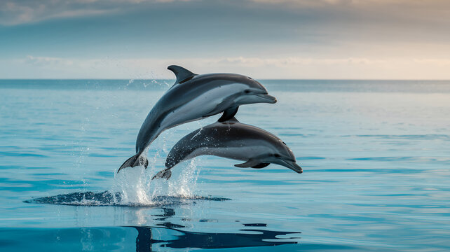 Dolphins jumping out of the ocean water