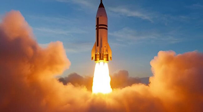 A high-quality 4k hd professional commercial stock image of a rocket launching into the sky with flames and smoke, perfect for marketing background template.
