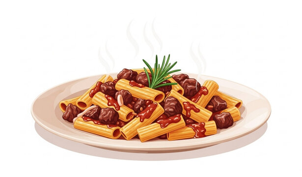 Steaming zita tagliata pasta with beef Genovese sauce and rosemary garnish on white background vector illustration