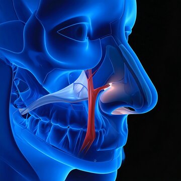 A blue-tinted, 3D illustration of a human head showing facial nerves