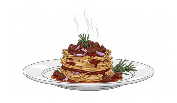Elegant plated zita tagliata pasta with beef onion Genovese sauce steam and rosemary vector design