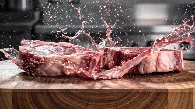 Two raw steaks with visible marbling sit on a wooden cutting board