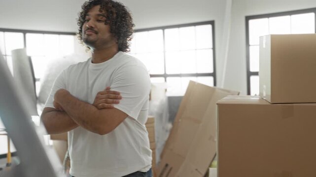 Man with arms crossed beside stacked cardboard boxes and a ladder in a building, wearing a white tshirt and smiling; settling in contentment.