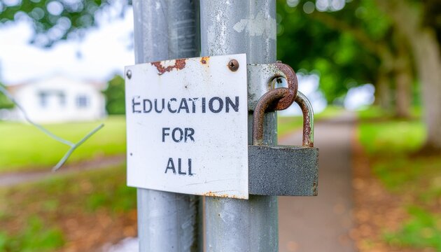 Rusty padlock on education for all sign representing barriers